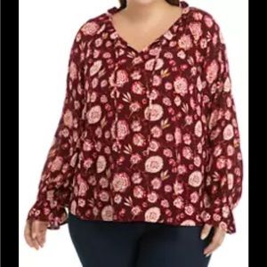 Wonderly Women's Long Sleeve Crinkle Peasant Top Large‎ Burgundy and Pink